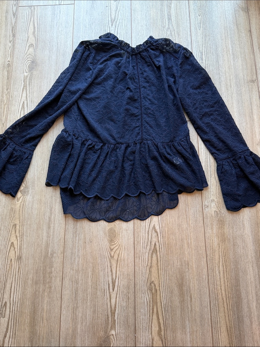 Women's Navy Lace Peplum Blouse with Scalloped Details